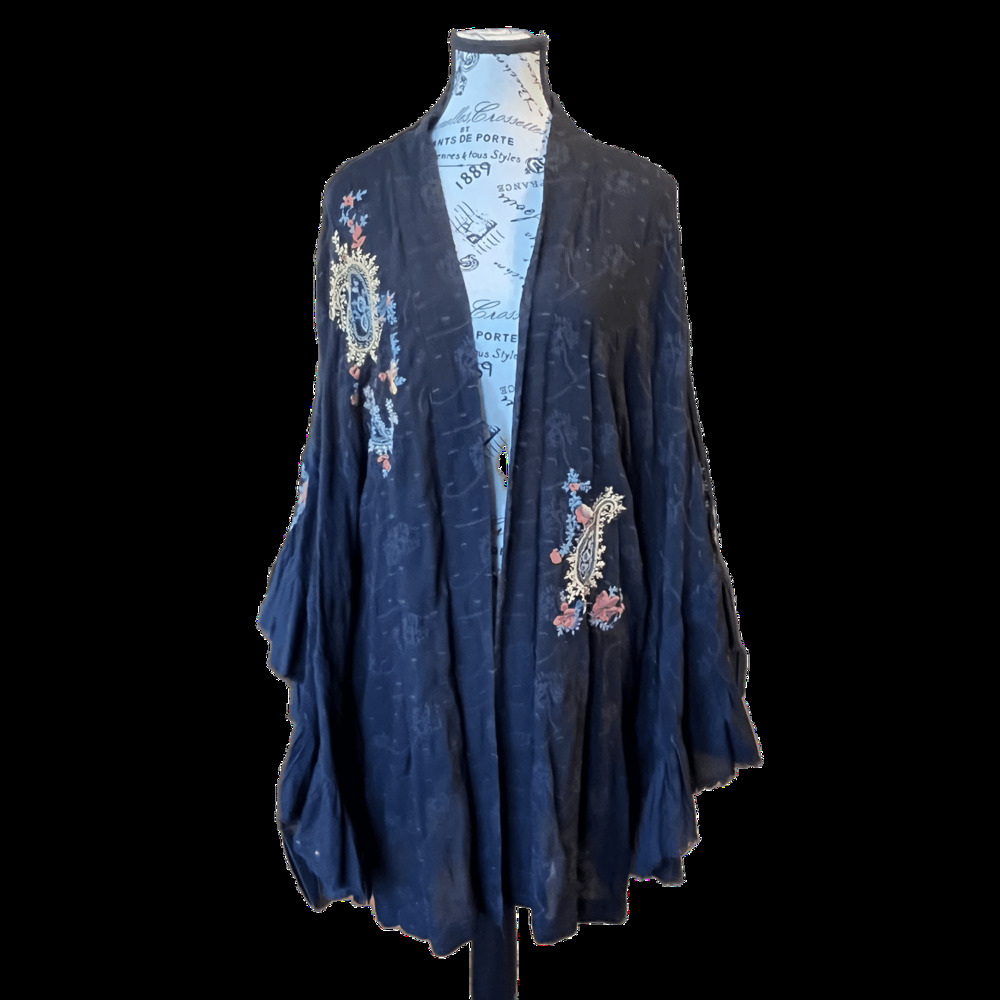 Free People Womens Dottie West Kimono M/L Black Paisley Embroidered Bell Sleeve
